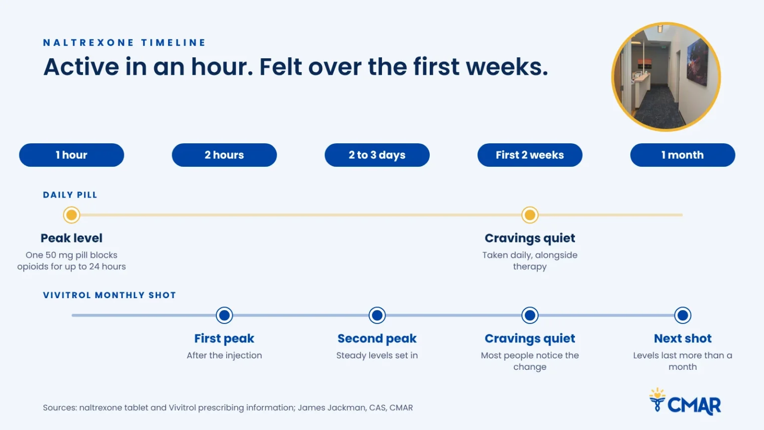 Timeline of how naltrexone works, from the first hour to the first month, for the daily pill and the monthly Vivitrol shot