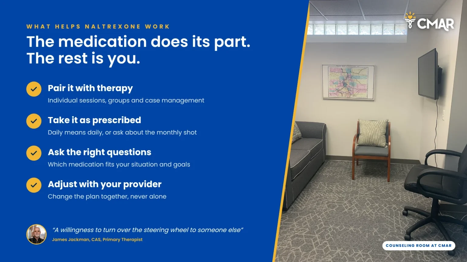 Checklist of what helps naltrexone work, beside a quiet counseling room at CMAR